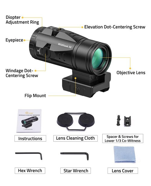 CVLIFE WildHawk 5X Red Dot Magnifier, with Flip-to-Side Mount for 21mm Picatinny, Red Green Dot Scope Optic Reflex Sight Magnifiers, Absolute & Lower 1/3 Co-Witness, 1500G Shockproof IPX7 Waterproof