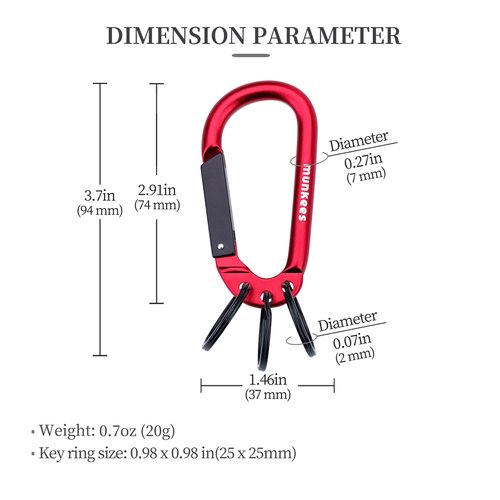 munkees Carabiner Keychain with 2-3 Rings, Backpack Buckle, Aluminum Alloy, Lightweight and Portable (Large,Red)