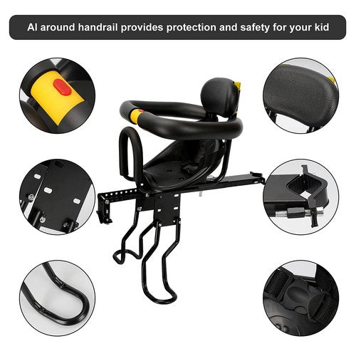 FORTOP Baby Bike Seat, Front Mount Kids Bike seat for Toddler with Safety Belt and Handrail, Compatilble with Adult Bike (Black)