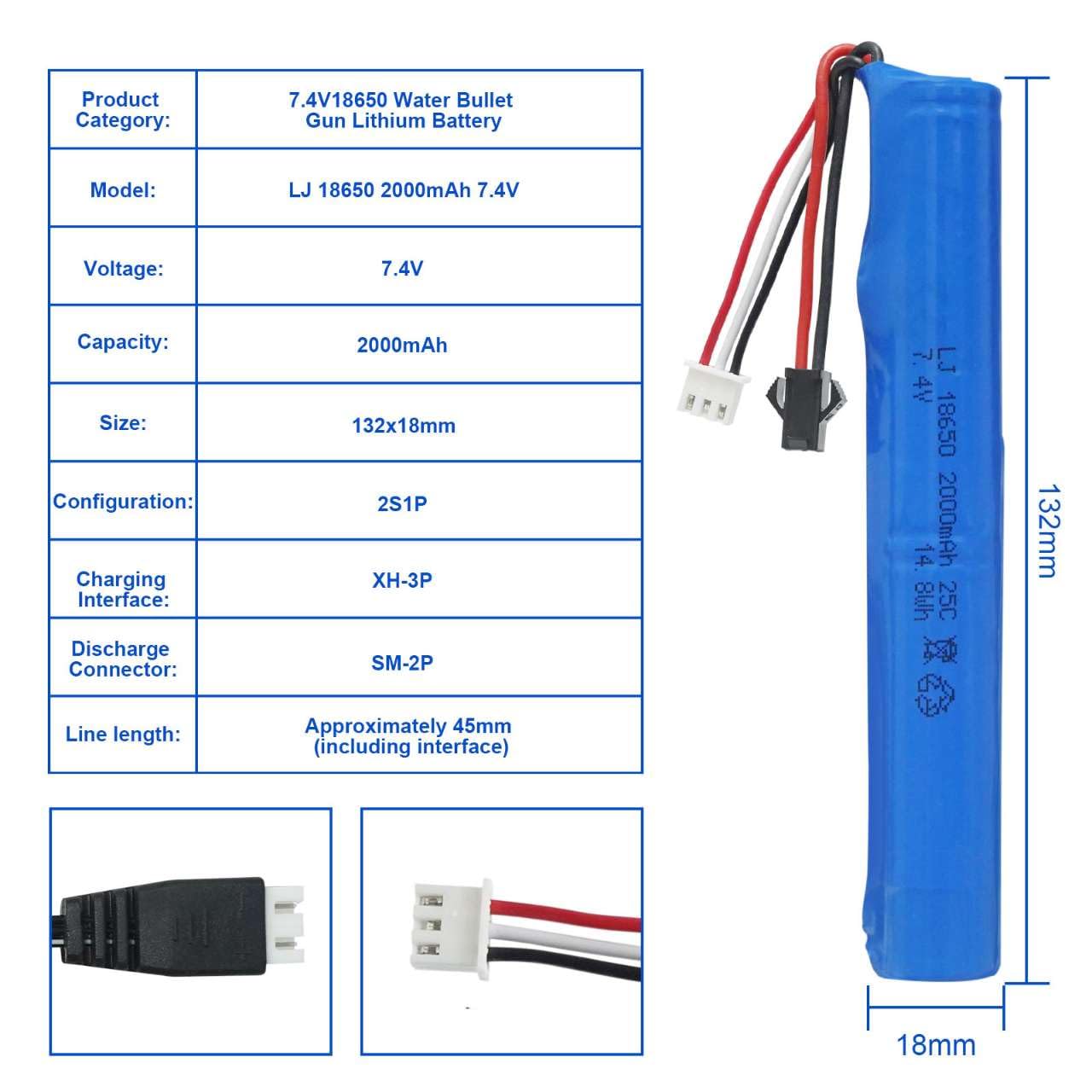 2 Pack 7.4V Batteries 2000mAh for SRB1200 400 400-SUB MP5K M4 M110 for Hobby Remote App Controlled Vehicle Water Bead Blaster Airsoft Gun