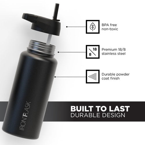IRON °FLASK Camping & Hiking Hydration Flask with 3 Lids - Stainless Steel, Double Walled & Vacuum Insulated Water Bottle - Leak Proof & BPA Free (Midnight Black, Straw - 32 oz)
