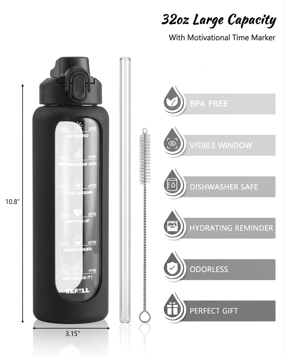 Nefeeko 32 oz Glass Water Bottles with Straw, Time Marker, Motivational 1 Liter BPA FREE Leakproof Reusable Glass Water Bottle with Silicone Sleeve, Bamboo, Spout Lid