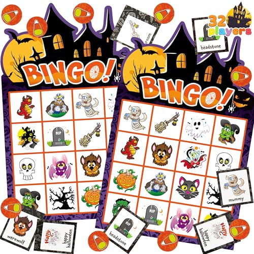 Halloween Bingo Game - Castle Variation, 32 Kids Bingo Cards for Large Groups & Parties