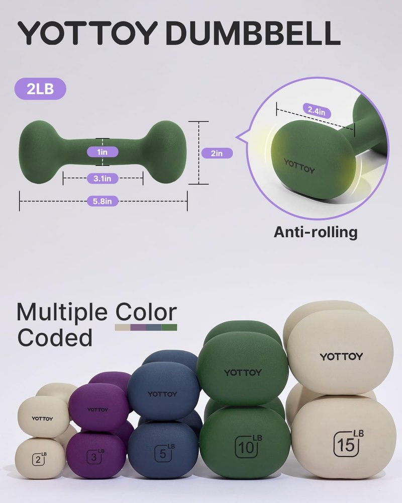 YOTTOY Weights Dumbbells Set for Women,2 Pound Dumbbells Set of 2, Non-Slip Hand Weights for Home Workouts, Portable Strength Training Neoprene dumbbell (Green, 2LB-Pair)
