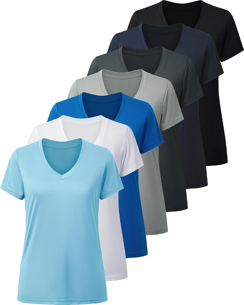 BALENNZ 7 Pack Women’s Moisture-Wicking Quick-Dry Gym Shirts - Black, Grey, Navy, Blue, White, XL