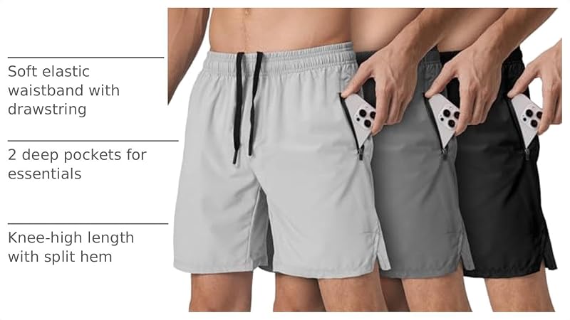Mens Athletic Shorts 3 Pack Quick Dry Gym Running With Zipper Pockets - Black/Gray/Charcoal Medium