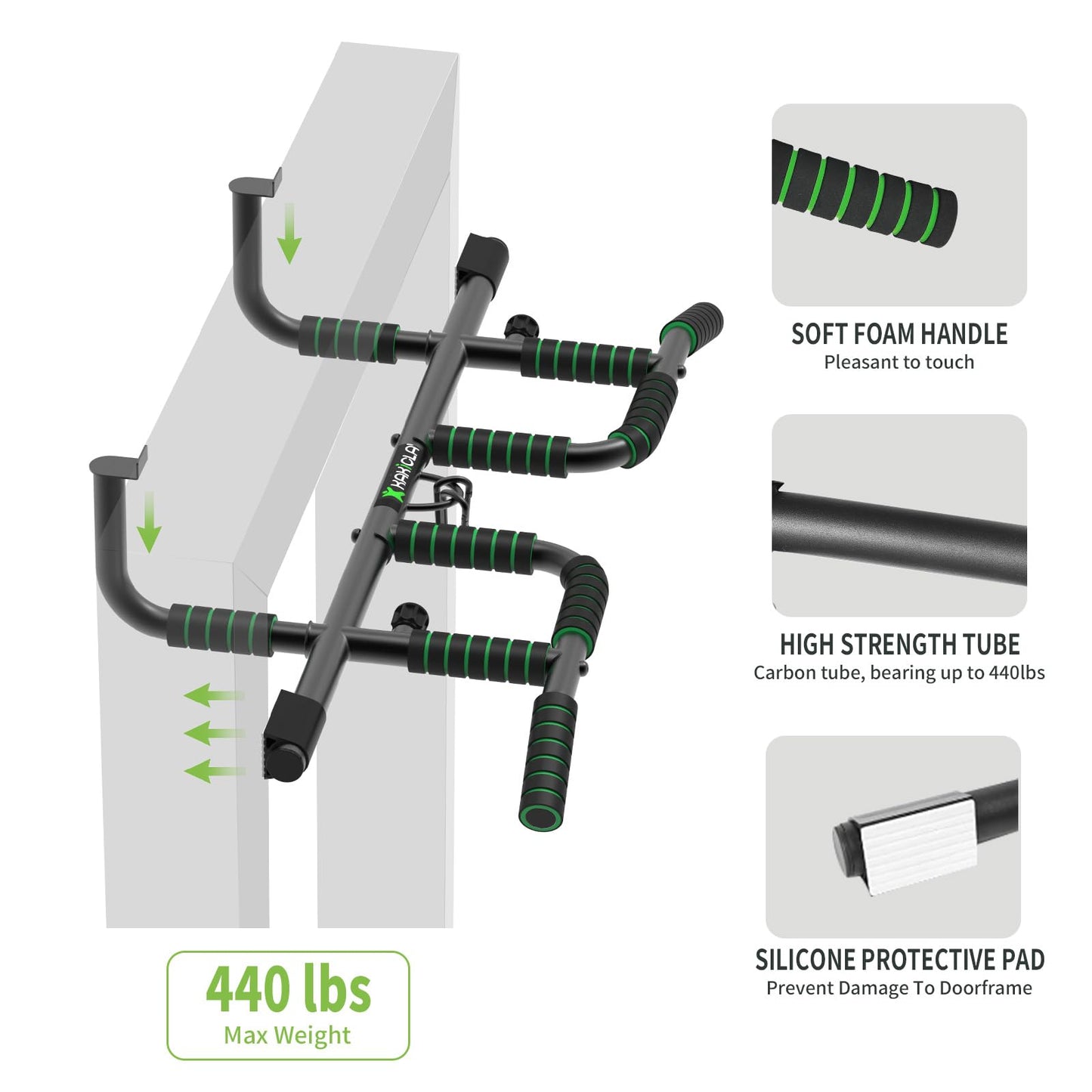 KAKICLAY New Upgrade Pull Up Bar for Doorway with Ergonomic Grip - Upto 440 Lbs Capacity, No Screwing or Slipping - USA Original Patent, Designed, Shipped, Warranty