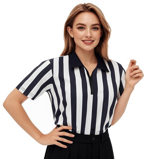 ChinFun Women's Ref Shirt Zipper Collared Black and White Stripe Umpire Jersey Shirt for Basketball Football Soccer Rugby Sports Halloween Size M