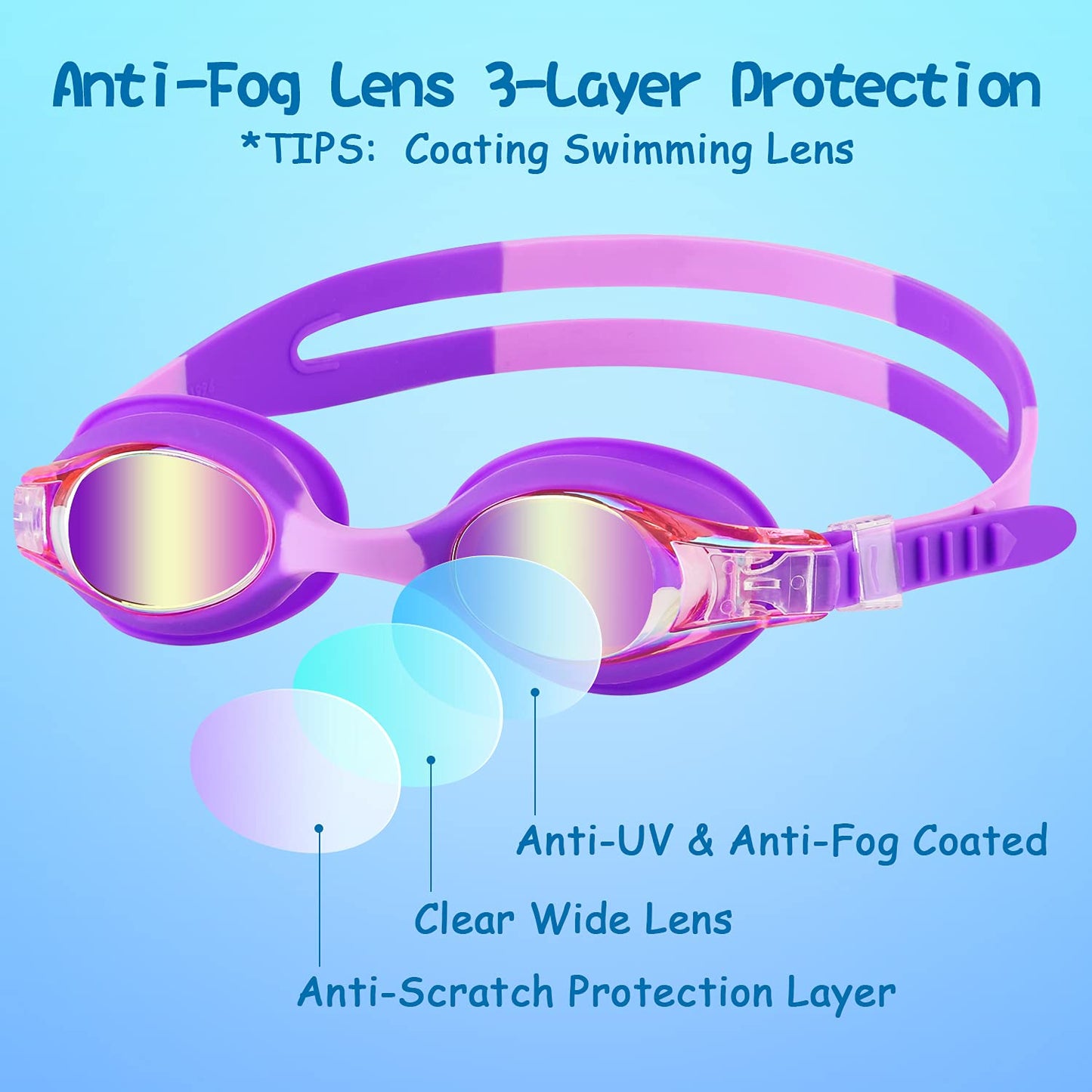 COOLOO Kids Swim Goggles, 2 Pack Swimming Goggles for Boy and Girls No Leaking Anti-Fog Waterproof Goggles for Kids 3-15