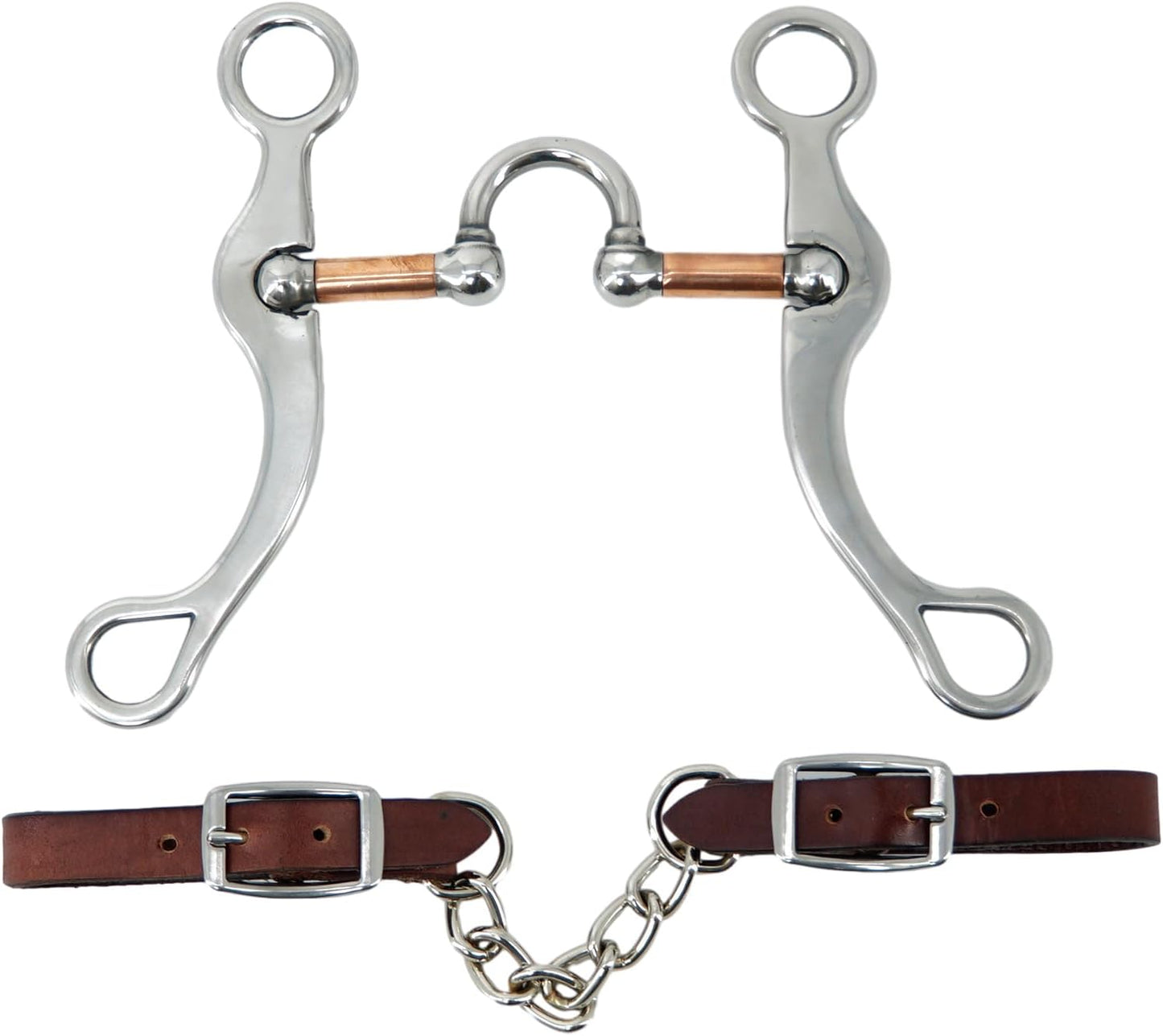 Jeereal Stainless Steel Western Horse Correction Bit with Leather Single Flat Link Chain Curb Strap, 5" Mouth | 7.7" Cheek | 0.5" Mouth Thickness