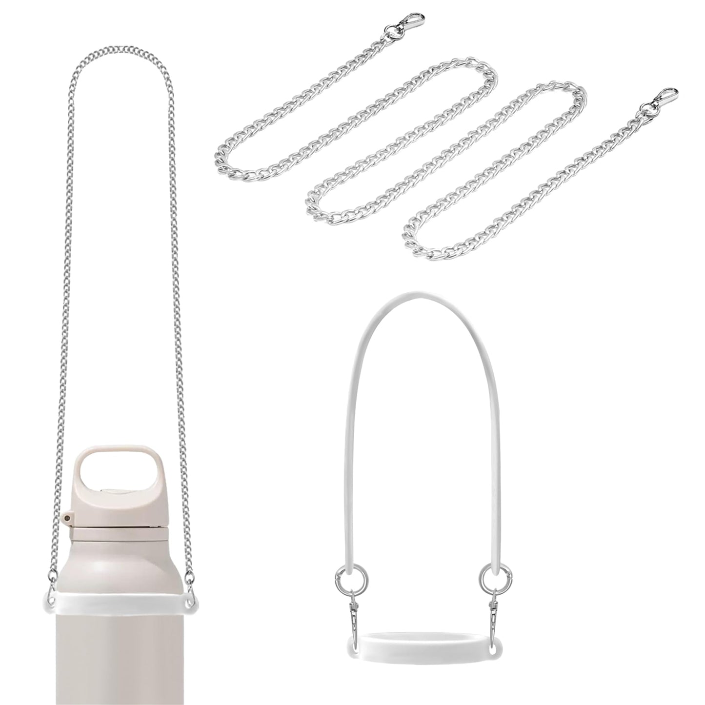 FEVER SEVEN XDSW Universal Water Bottle Carry Strap with Chain - 3-in-1 Silicone Sling, Handle & Holder for 8-40oz Stanley Cup Accessories, Yeti, Owala Tumblers - Hands-Free Cross-Body Design (Water)