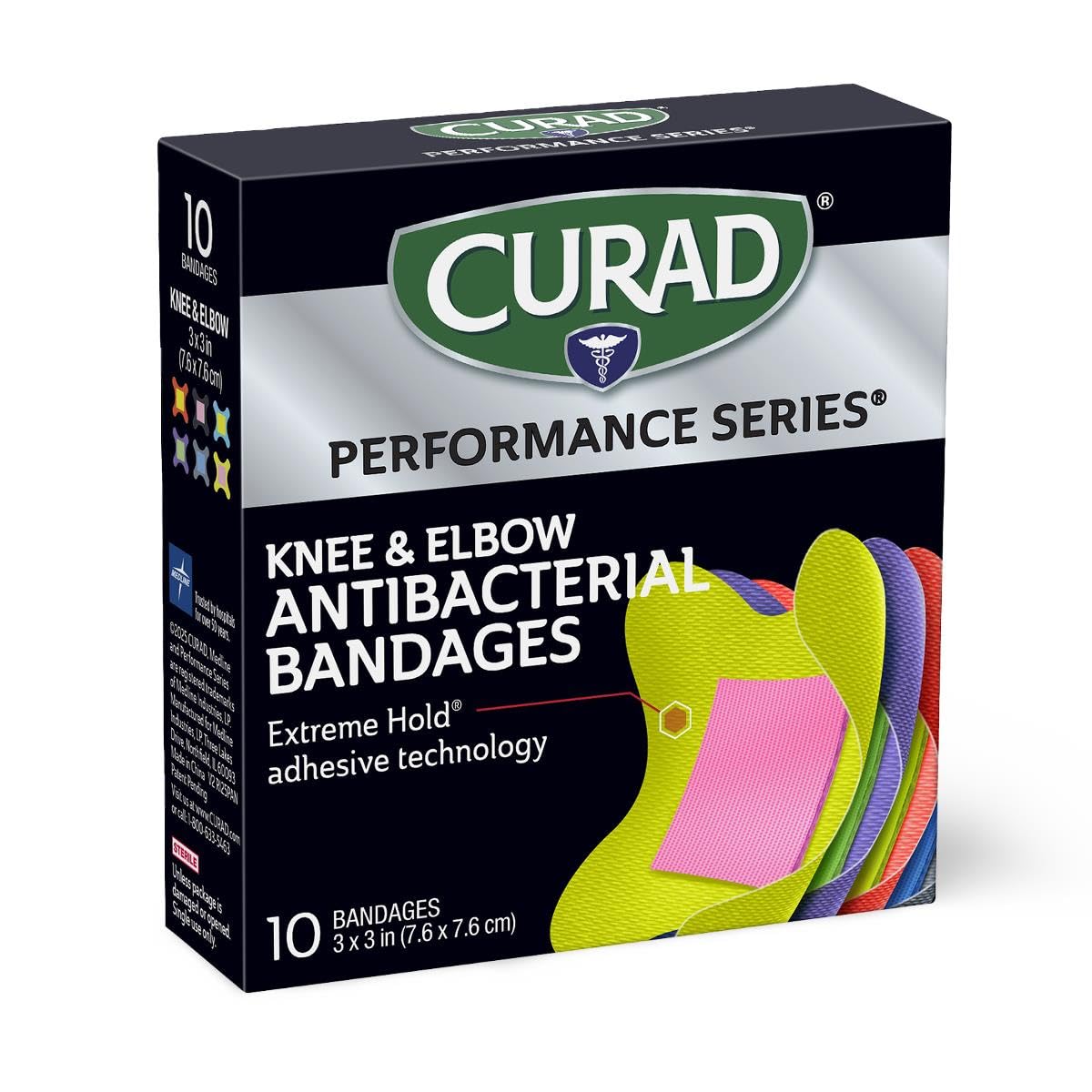 CURAD Performance Series Antibacterial Bandages, Elbows and Knees, 3" x 3", 10 Count