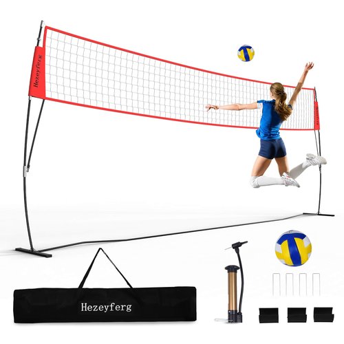 Hezeyferg 20FT Freestanding Volleyball Training Net, 5 Height Adjustable Portable Volleyball Net System, Quick Setup Practice Set for Indoor or Outdoor Use (Red)