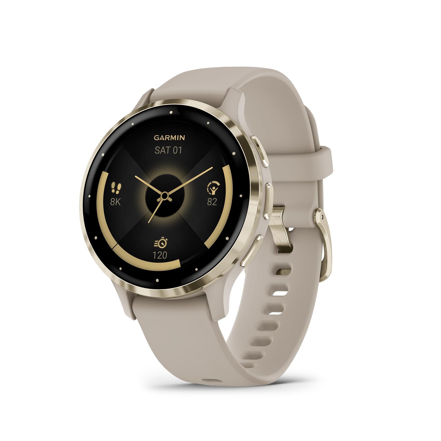 Garmin Venu 3S Running GPS Smartwatch with AMOLED Display, Advanced Health, Fitness Features, Up to 14 Day Battery Life with Signature Power Bundle | Soft Gold with French Gray Silicone Band