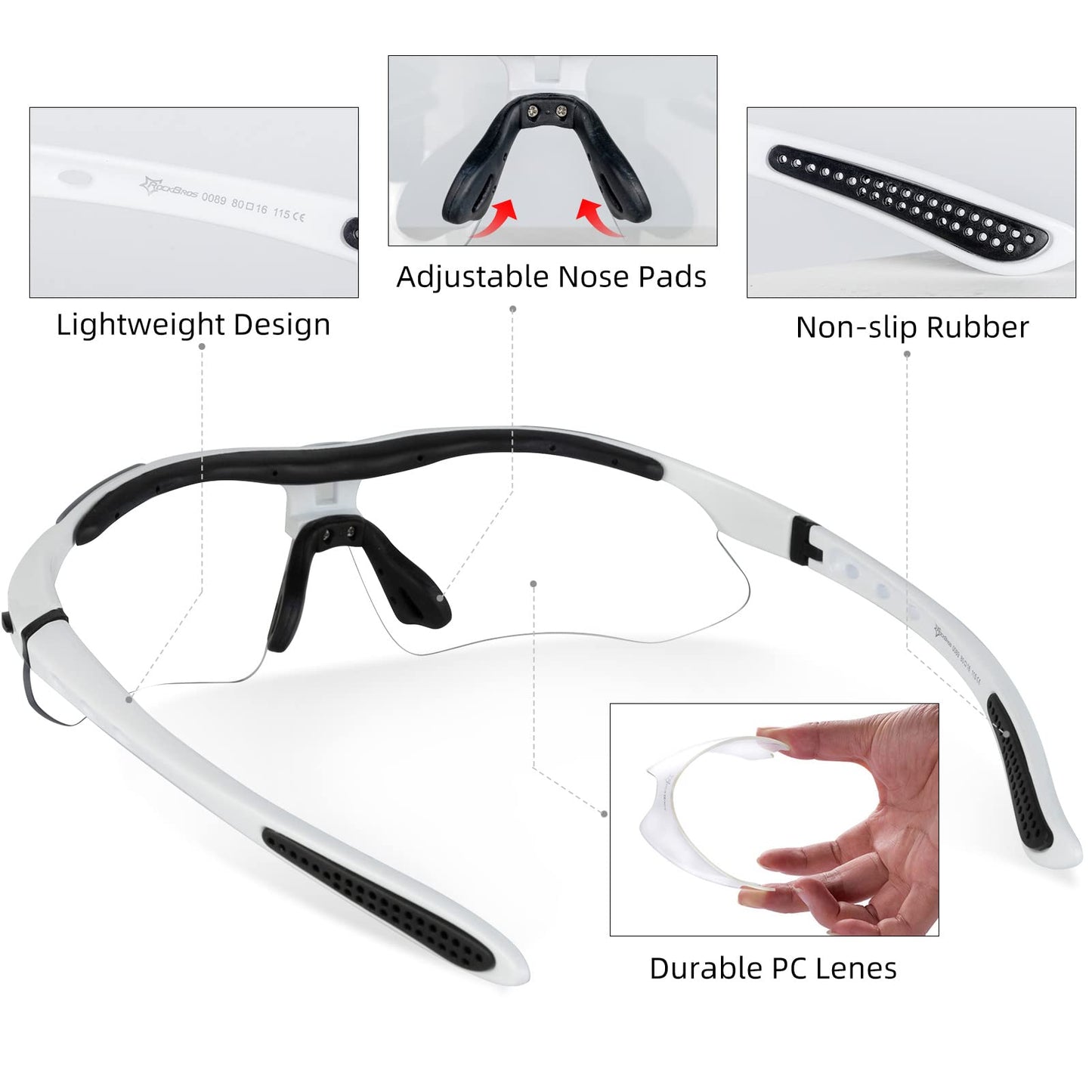 ROCKBROS Pickleball Glasses for Men Women Photochromic Sports Sunglasses UV400 Protection Interchangeable Strap