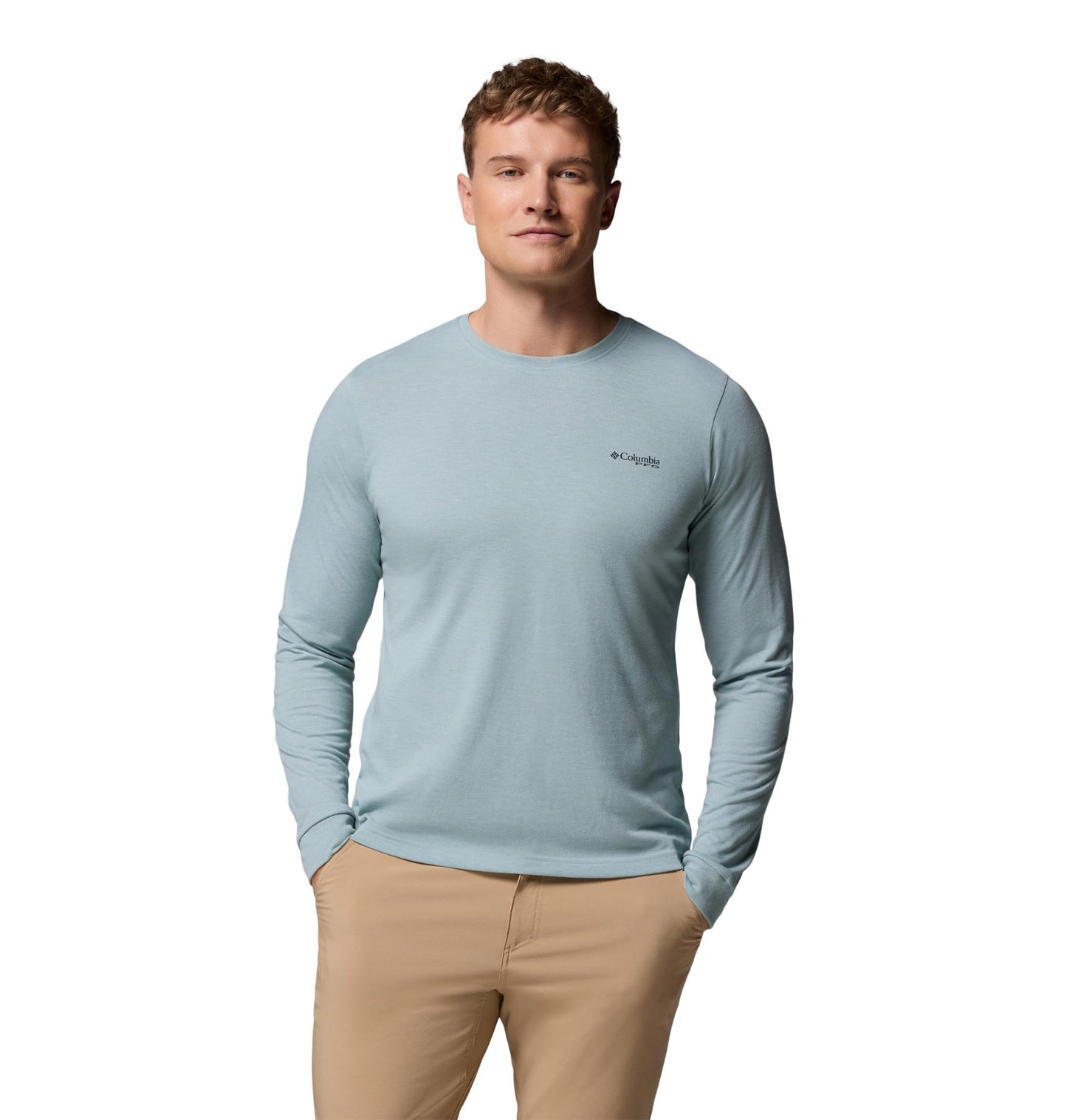 Columbia Mens PFG Uncharted Graphic Tee Long Sleeve, Crushed Blue Heather/Guadalupe Drift, X-Large