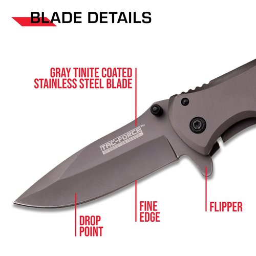 Tac-Force Folding Pocket Knife –Grey TiNite Coated Stainless Steel Blade and Handle, Frame Lock and Pocket Clip, Tactical, EDC, Rescue - TF-848