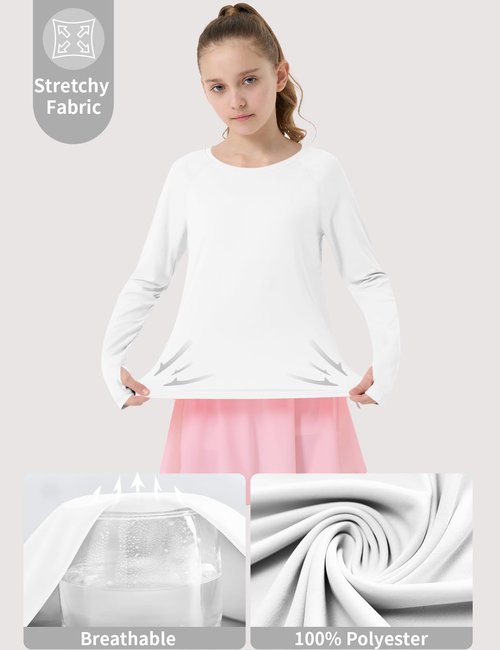 CHALLMOTI Girl's Rash Guard Swim Shirts Sun Shirt UV Protection Long Sleeve Tops Quick Dry Lightweight UPF 50+ White M