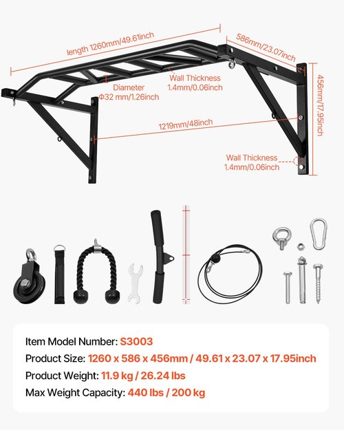 VEVOR Pull Up Bar, Multi-Grip Wall Mounted Pull Ups, 50 in Width Multifunctional Chin Up Training Station, Heavy Duty Steel Upper Body Workout Bars with LAT Pulldown Attachments, 440 lbs, for Home Gym