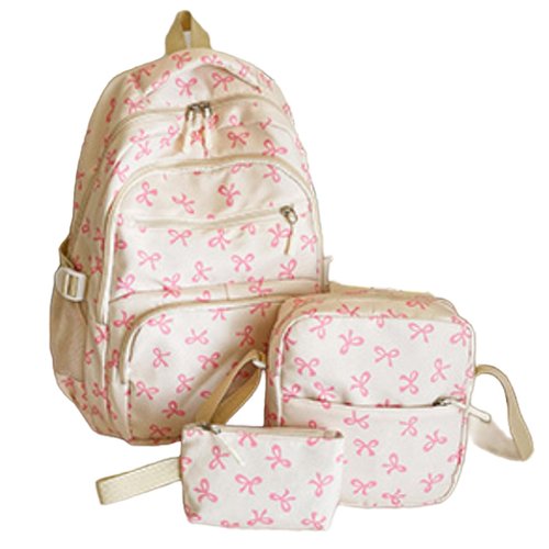 Pink Bow Backpack for Girls, 2025 Trendy Nylon Rucksack Cute Kawaii Preppy Backpack 3 Pcs Set With Bow Pattern (Pink)