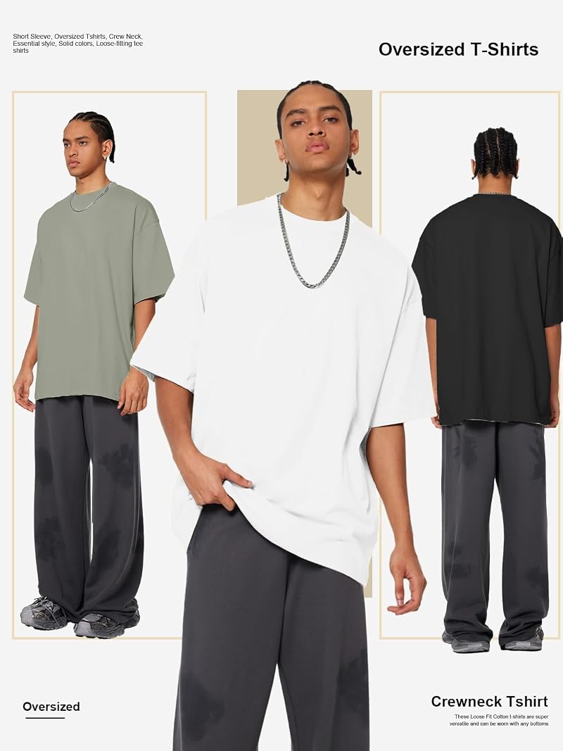 Men's Oversized Cotton Crew Neck T-Shirt - Short Sleeve Basic Tee, Black/Light Green/White, XL