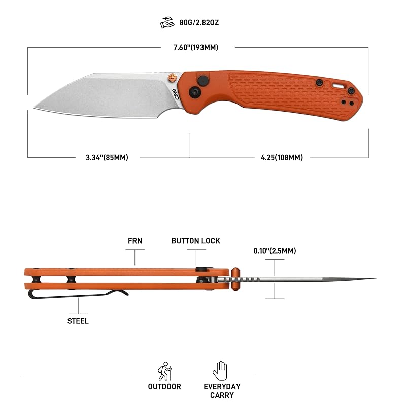 CJRB Pyrite-Light Folding Knife, 3.34" AR-SFII Steel Wharncliffe Blade, FRN Handle - Orange