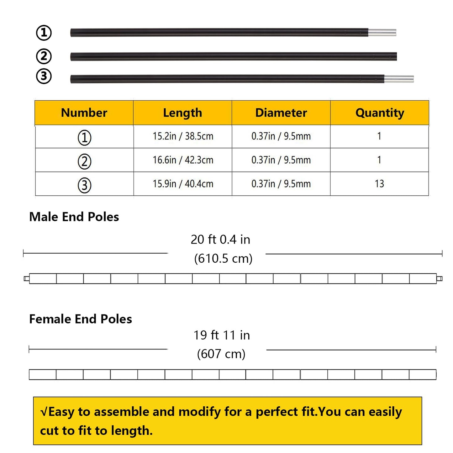 Aluminum Tent Poles Replacement, Pre-Assembled, Fits Both Ends, 7001 T6 Lightweight Tent Rod Repair Kit for Camping, Hiking, Backpacking (20ft 0.4in)