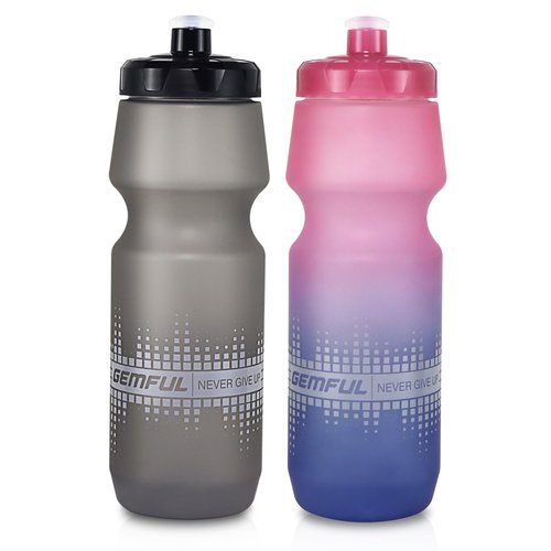 GEMFUL 2 Pack Bike Water Bottles 24oz Squeeze Cycling Drink Bottle BPA-Free Leak-Proof No-Sweat Grip for MTB Commuting Gym Road Bikes (Gradient Pink Blue+Grey)