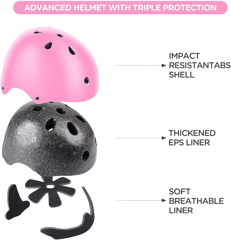 Pink 8-14 Years 7-in-1 Kids Helmet with Knee, Elbow & Wrist Protection - Adjustable Toddler Bike Gear Set