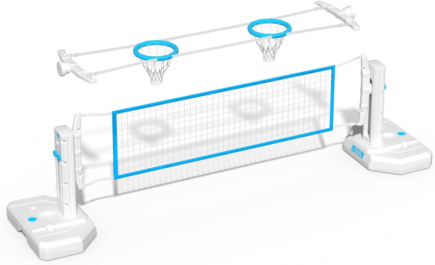 IGL Pool Volleyball Set, Pool Volleyball Net for Inground Pools with 15 ft Length Net, Adjustable Water Volleyball Net Set, Includes 2 Water-Filled Base, 2 Volleyballs & Pump