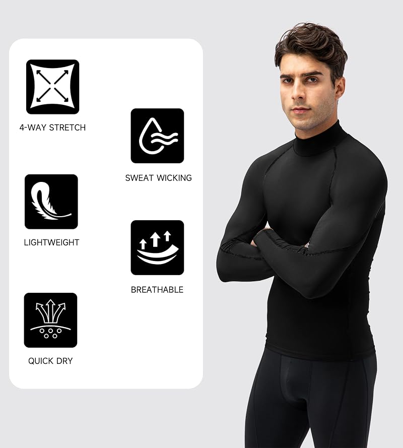 Men's Compression Long Sleeve Shirt - Base Layer Top for Running & Training - Black, Large
