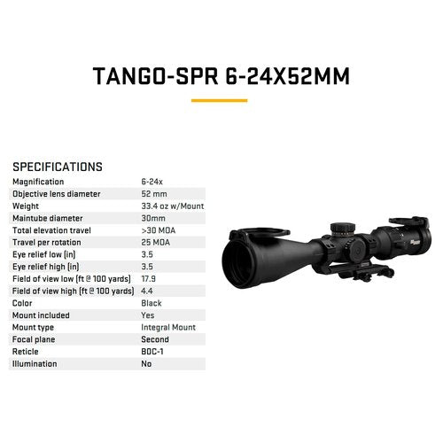 SIG SAUER Tango-SPR 6-24x52mm 30mm Tube Second Focal Plane/SFP/F2 Shockproof Waterproof Fogproof Tactical Riflescope | MOA BDC-1 Reticle, Flip-Back Caps & Throw Lever Included, SOTS46000