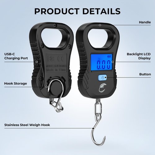 Calamus Lightweight Fish Scale & Lip Grip Combo, Rechargeable Digital Scale with USB Cable, 55lb Capacity, Lip Gripper with Soft Retractable and Detachable Measuring Tape, Fishing Gifts for Men