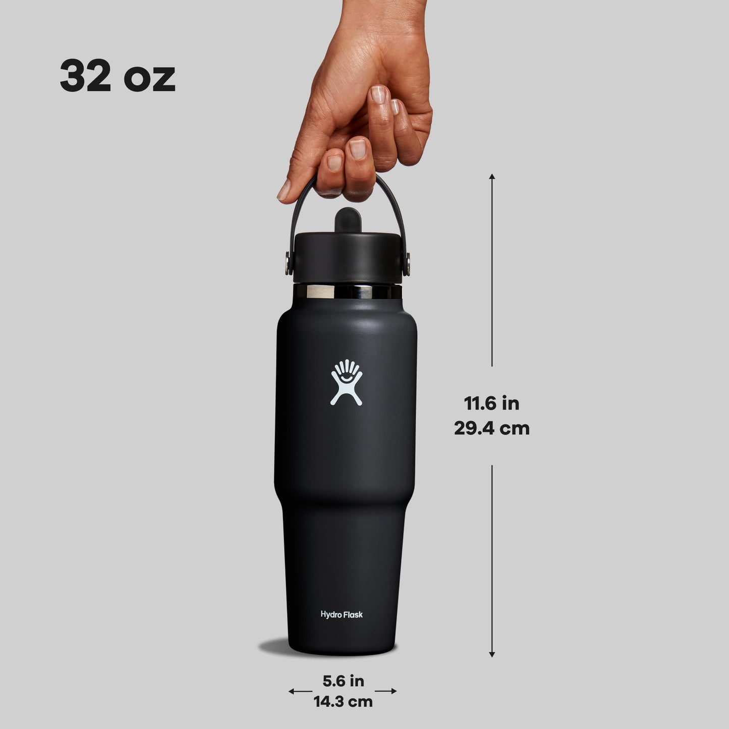 Hydro Flask Travel Water Bottle - Insulated Stainless Steel - Wide Straw Lid, Non Spill, Leakproof in 32 Oz Black