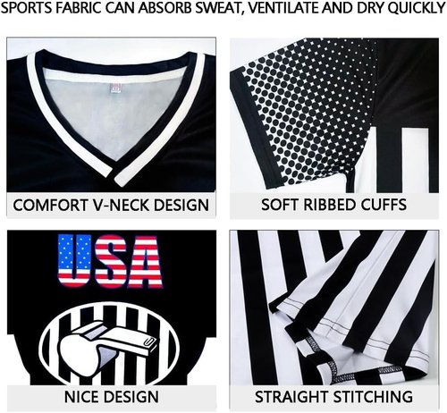 CUEJDSA Referee Shirt Jersey Uniform,V Neck Ref Costume Shirt for Men,Referee Jersey for Football(Black & White, Size L)