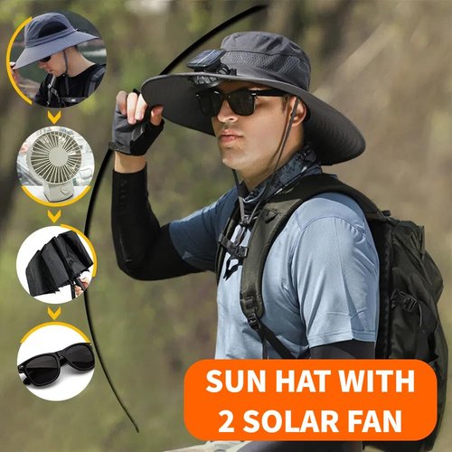 Wide Brim Solar Fan Hat for Men Women- UPF 50+ Sun Bucket Hat with 2 Built-in Solar Powered Fans for Fishing, Hiking & Beach (US, Alpha, One Size, Petite Plus Size, Khaki)