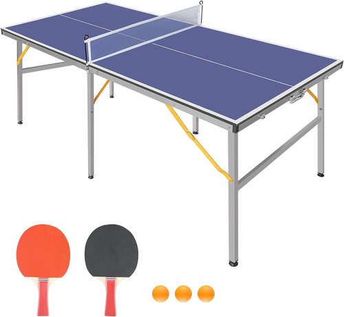 6x3ft Portable Table Tennis, Mid-Size Folding Indoor Outdoor Ping Pong Table Game with Net, 2 Tennis Paddles and 3 Balls for Adults/Teens