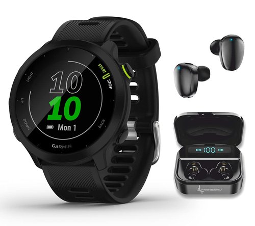 Wearable4U Garmin Forerunner 55 GPS Running 42 mm Watch with Daily Suggested Workouts, Black Black Earbuds Power Bundle
