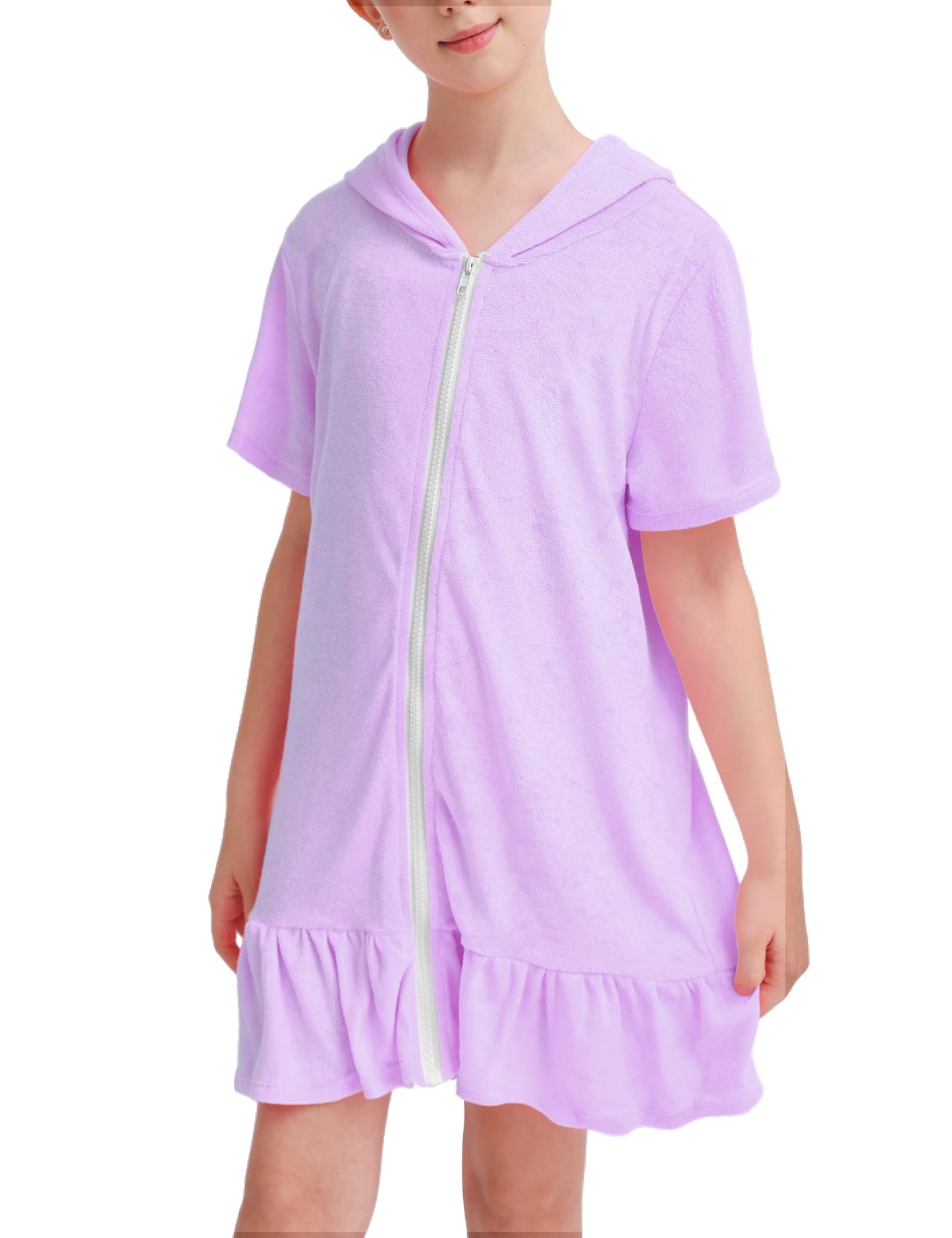 Tziharora Girls Swim Cover Up Multicolor Hooded Zip-Up Terry Swimsuit Ruffle Bathing Suit Kids Short Sleeve Swimwear