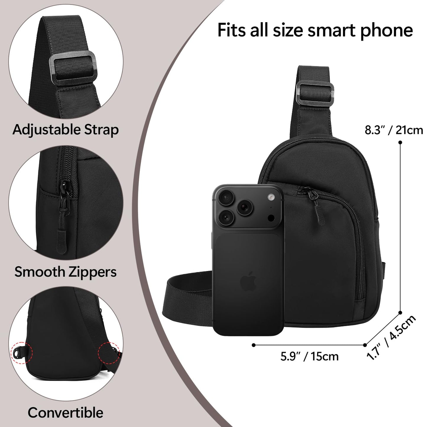 Peicees Small Crossbody Bag, Travel Sling Bag Waterproof Chest Phone Purse For Women Men Lightweight Fanny Pack Mini (Black)