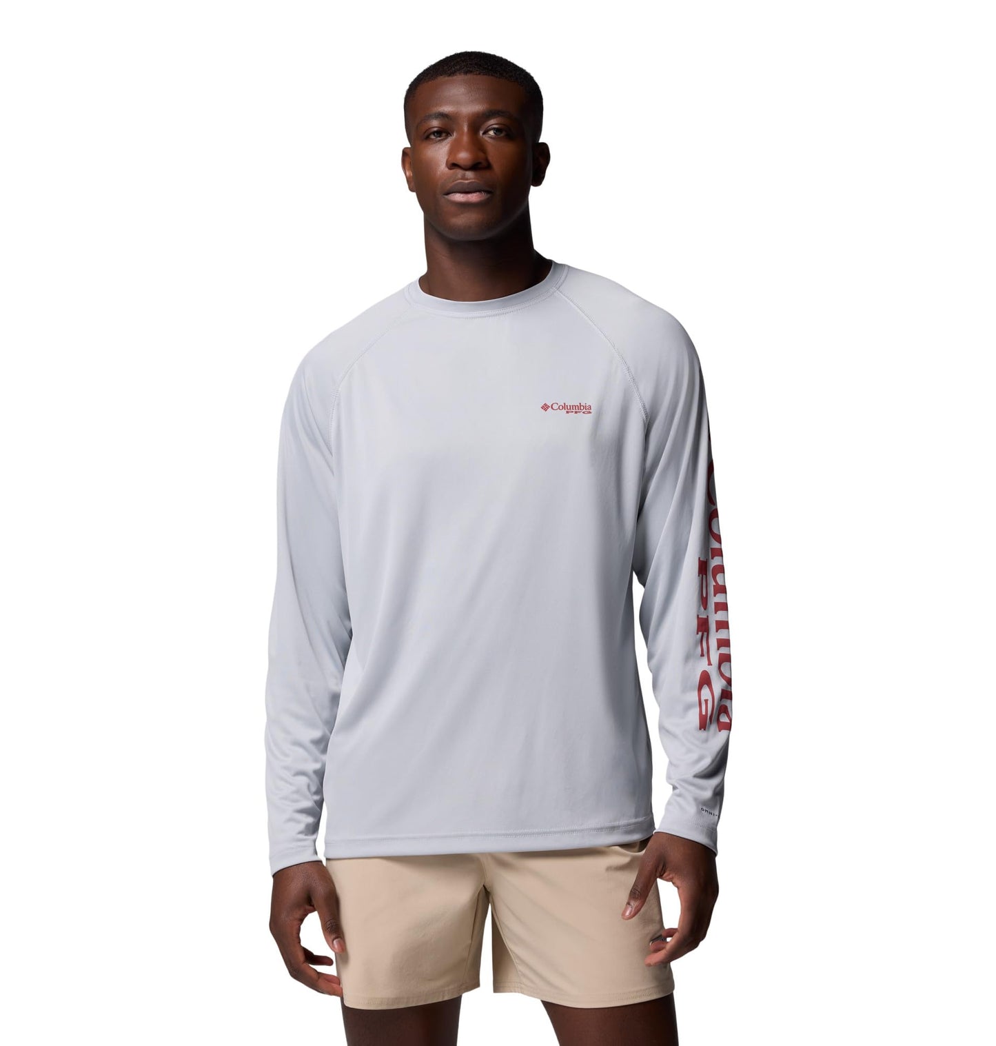 Columbia Men's PFG Terminal Tackle Long Sleeve Fishing Shirt, Cool Grey/Dusty Crimson Logo, Medium