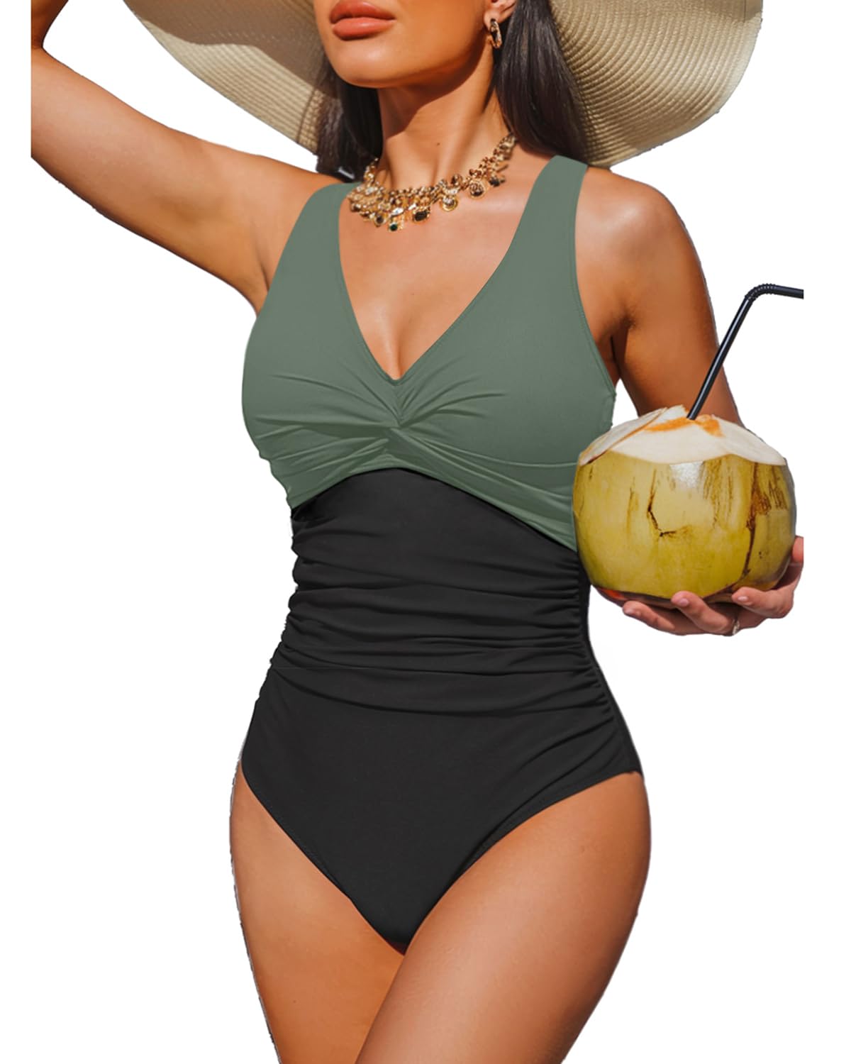 Holipick Green and Black Women Tummy Control One Piece Swimsuit - Push Up Bathing Suit Full Coverage Slimming Swimwear 20 Plus (US 20W)