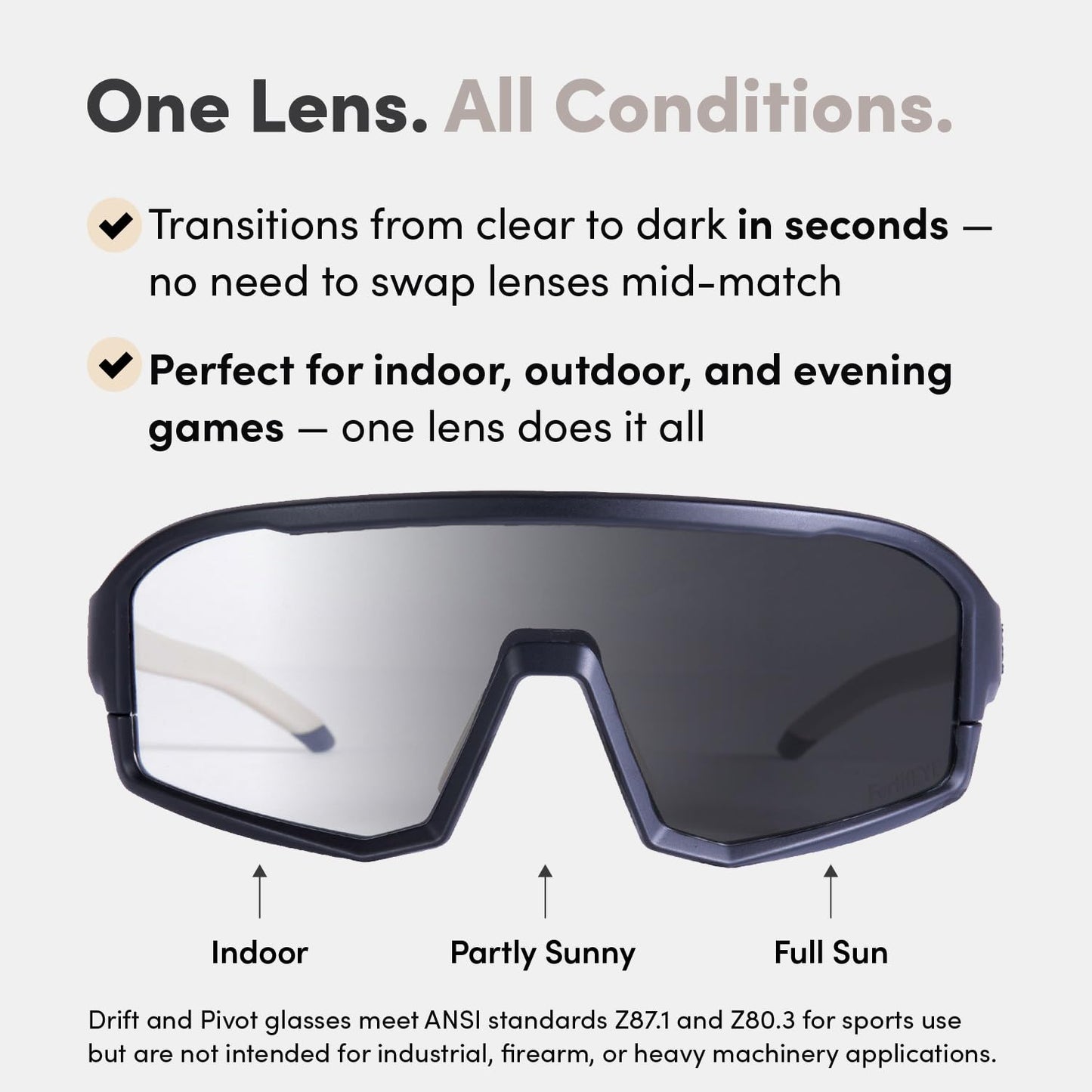 CRBN Pickleball - Pivot Pickleball Glasses for Men & Women - Eye Protection - Photochromic Lens Provides Sun & Impact Protection in All Conditions