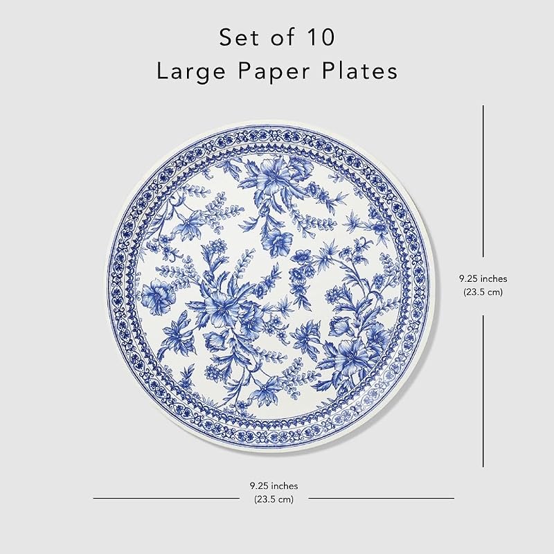 Blue & White Floral Paper Plates (Set of 10) 9.25” - Coterie Toile Floral Party Plates, Blue