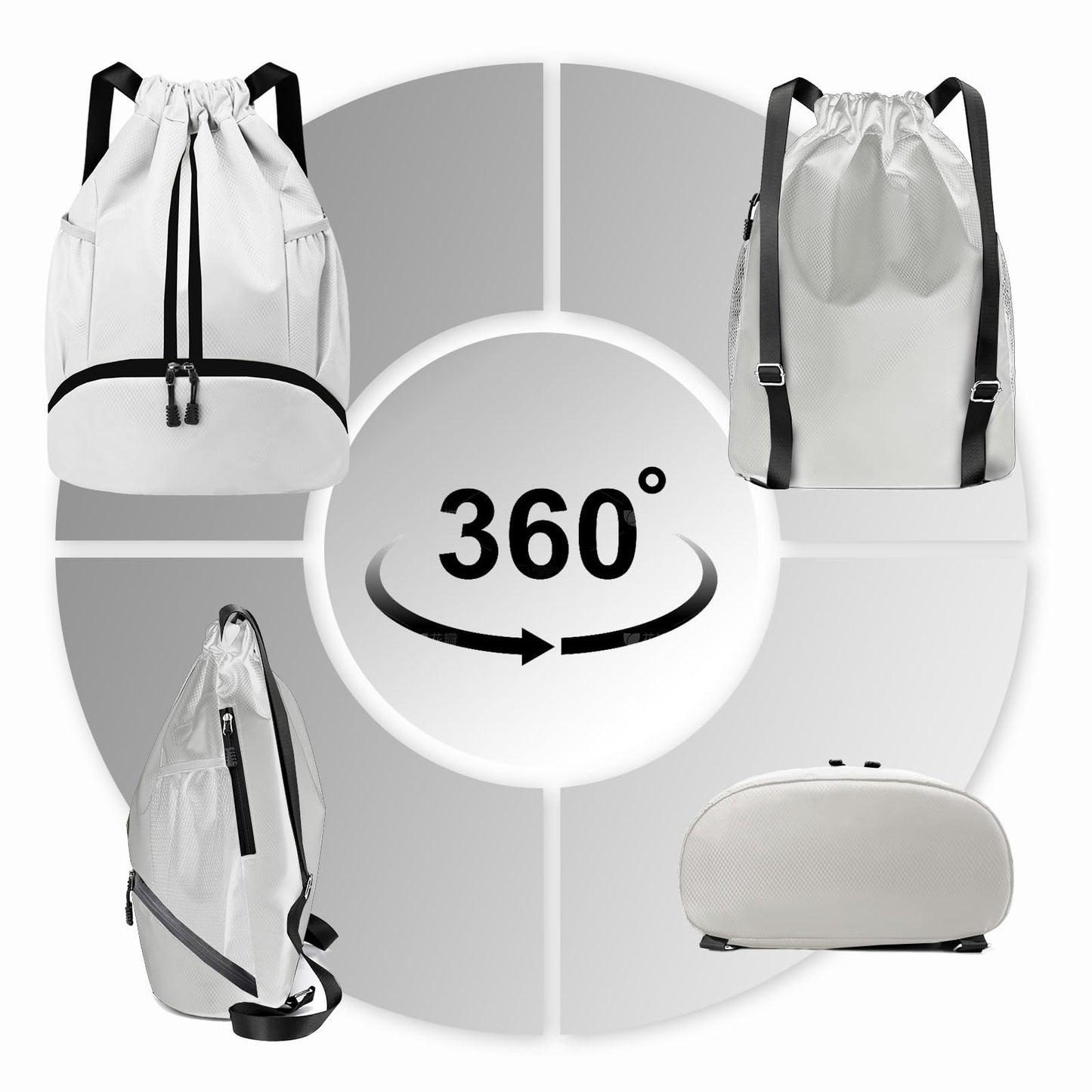 Hoedia Sports Drawstring Backpack - String Swim Gym Bag with Shoes Compartment and Wet Proof Pocket for Women/Men (White)
