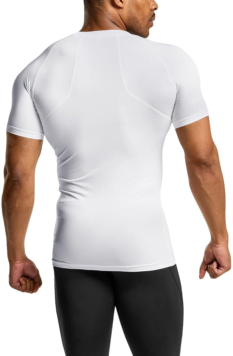 Athlio 3-Pack Men’s Cool Dry Short Sleeve Compression Shirts - Baselayer Athletic Tops, White, Medium