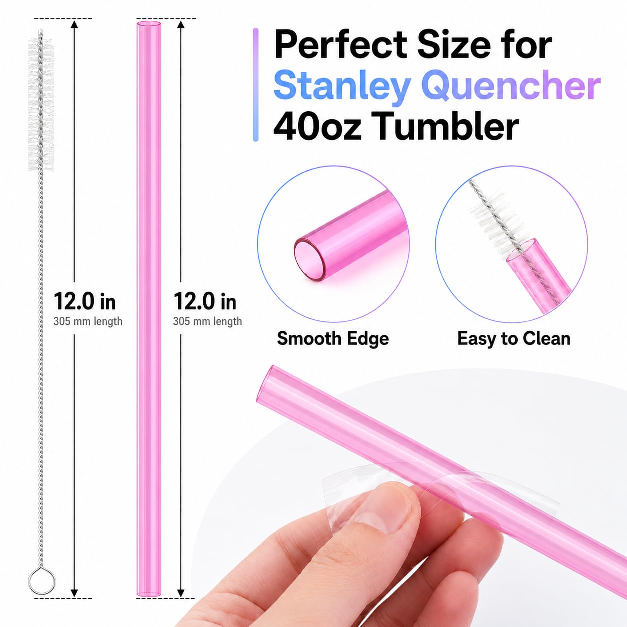Joshey 12 Inch Tritan Replacement Straws for Stanley 40oz Tumbler - 6 Pack Reusable Long Straws with Cleaning Brush, Fits 30oz & 40oz Stanley Cup Accessories, BPA-Free (6 Colors)