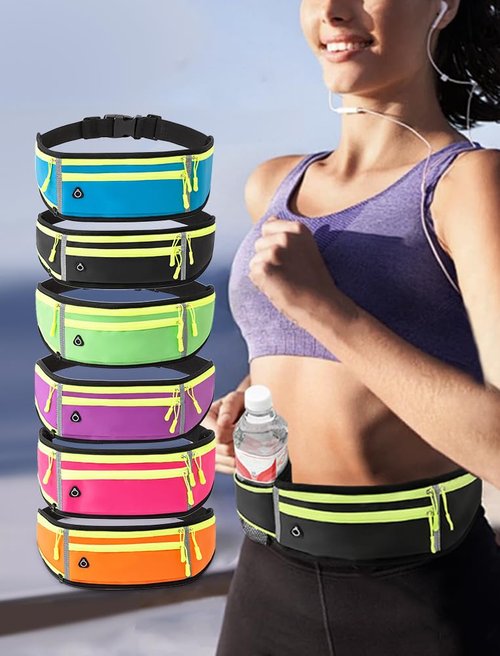 Running Waist Bag with Reflective Multifunctional,Waterproof Phone Pouch and Bottle Holder，Adjustable Sports Money Belt with Headphone Port,Black