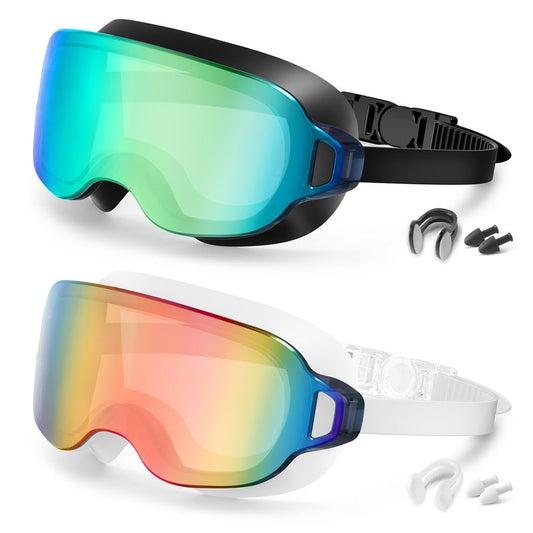 Aegend 2 Pack Swim Goggles For Youth Ages 8-16&Adult(Small Faces), Large Frameless Wide View No-Leak Silicone Seal Anti-Fog/UV, with Earplugs Nose Clips Mesh Bags for Teens Boys Girls Swimming