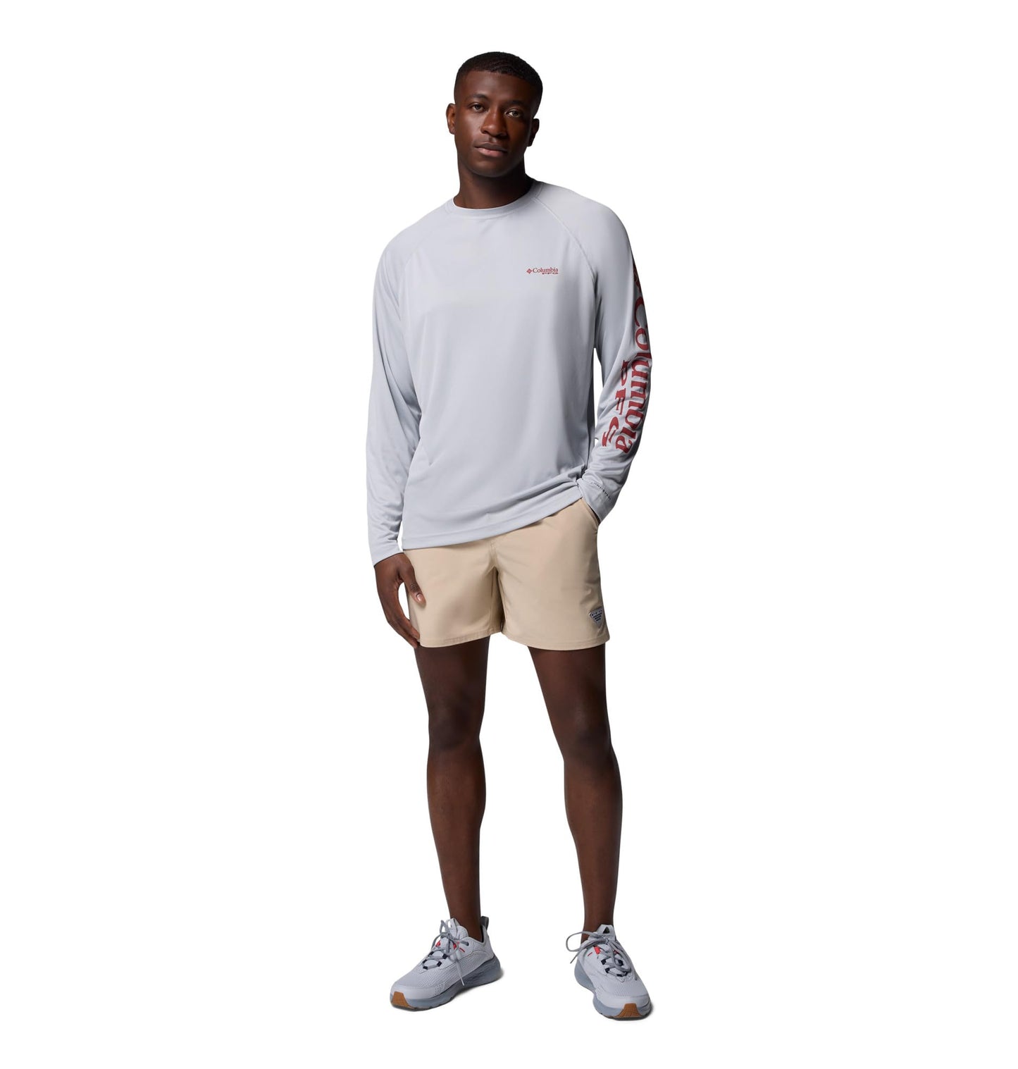 Columbia Men's PFG Terminal Tackle Long Sleeve Fishing Shirt, Cool Grey/Dusty Crimson Logo, Large